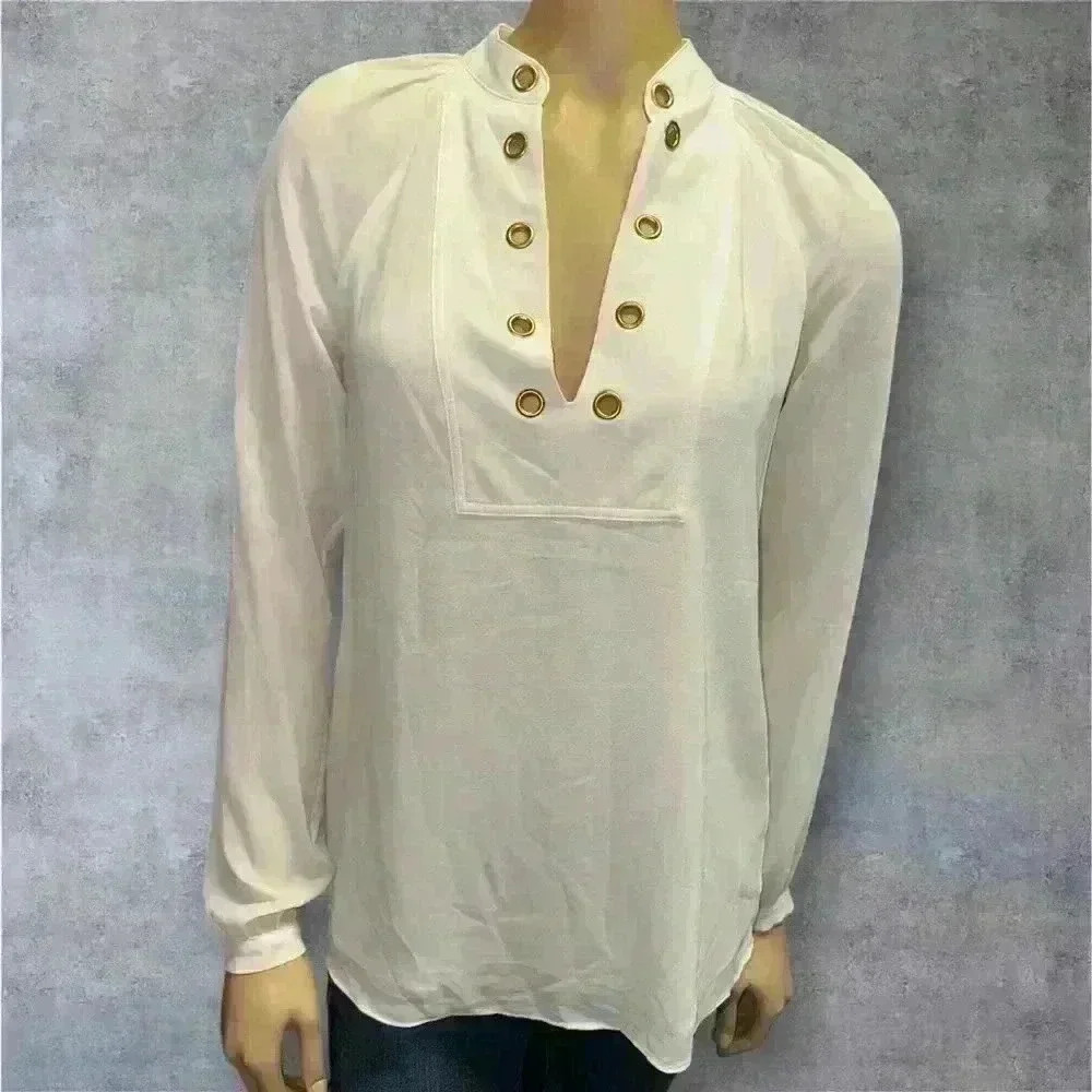 Michael Kors Flowy  off White And Gold Embellished Peasant Womans Top size XS